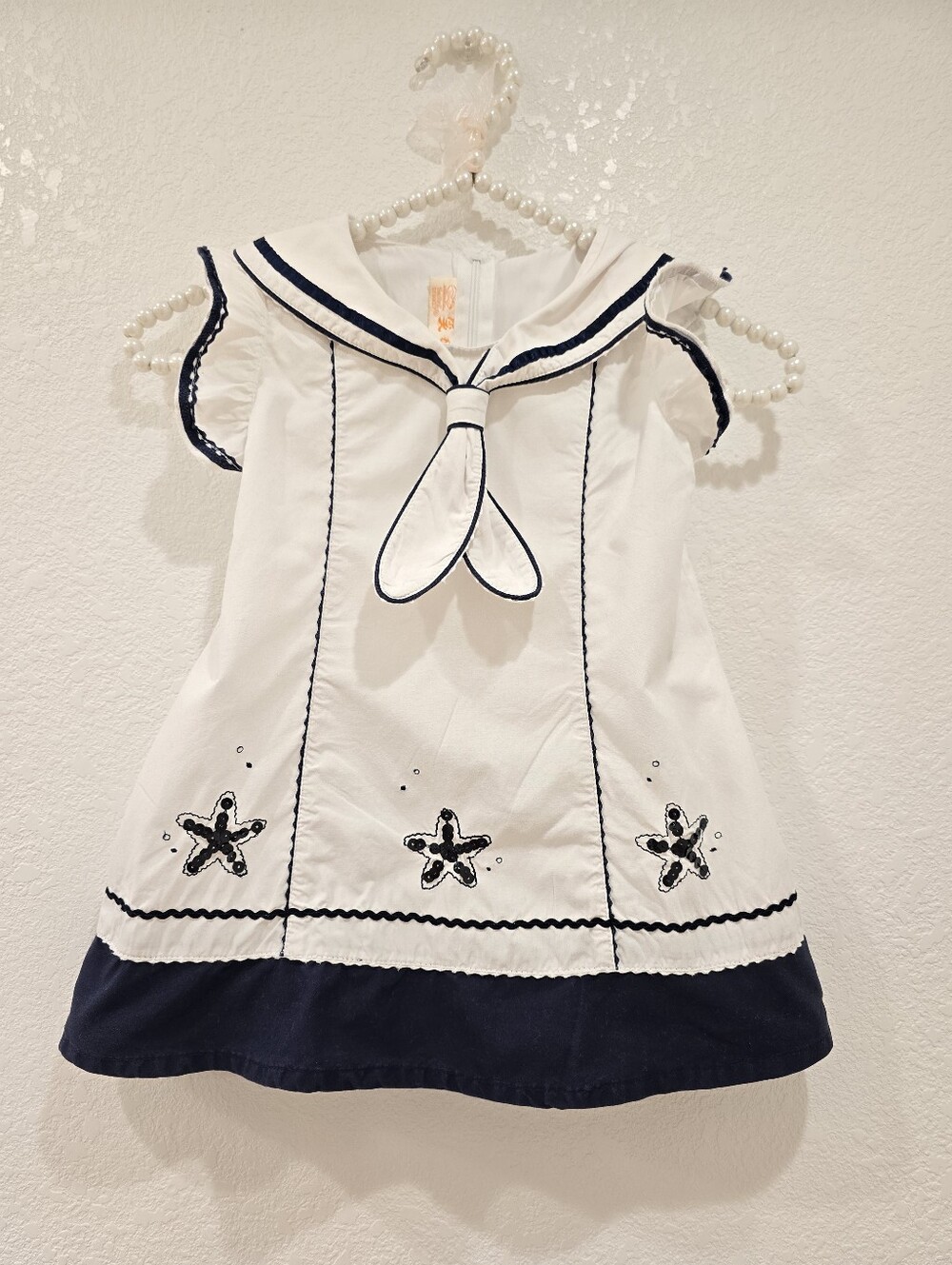 Cotton Dress White Navy Sea Stars Sequins Size 100/52 (3T)